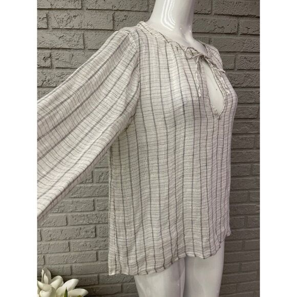 Eileen Fisher Women 100% Linen Striped Keyhole Neckline Blouse Size M - Picture 5 of 10